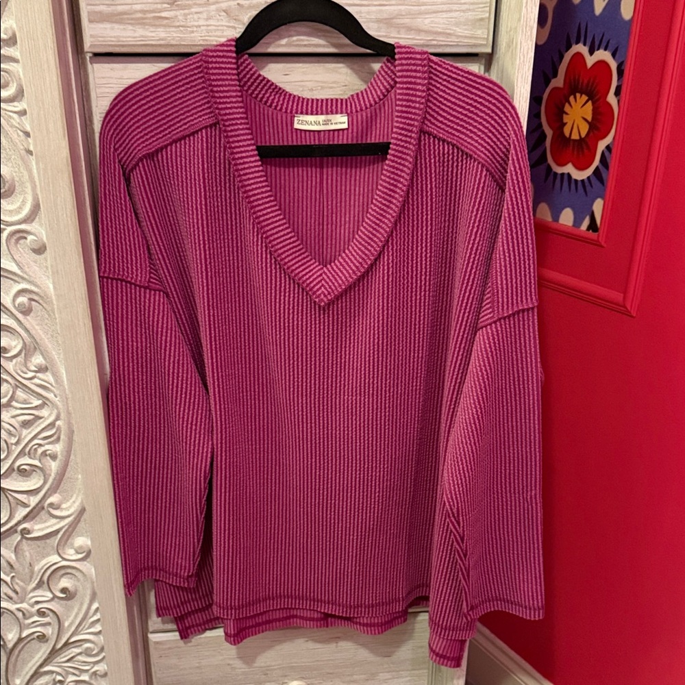 Zenana Outfitters Pink Ribbed V-Neck Top